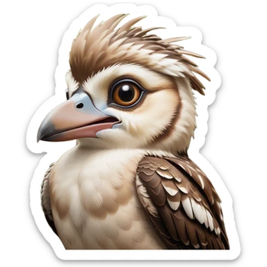 Cinematic Comical Kookaburra Portrait Emoji, Head tilted dramatically with an exaggeratedly amused expression, featuring a strikingly patterned brown and cream plumage with wide, expressive eyes filled with playful disbelief, Simplified yet hilariously expressive features, highly detailed, glowing with a slightly sassy glow, high shine, dramatic yet playful, stylized with an air of cheeky bushland mischief, bright and endearing, soft glowing outline, capturing the essence of a spirited and over‐the‐top kookaburra, so meme‐worthy it feels like it could cackle its way into internet fame instantly! sticker