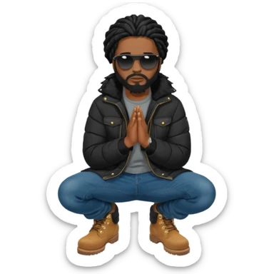 African American man with shoulder length black dreadlocks with black beard wearing black sunglasses wearing a black bubble winter coat wearing denim skinny jeans and timberland boots kneeling in prayer sticker