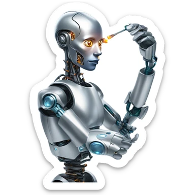 One cyborg performing brain surgery on a robot.  sticker