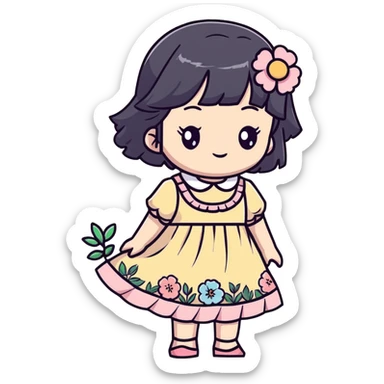 Adorable anime girl with black hair in a beautiful cottagecore dress with pastel colors and floral elements sticker