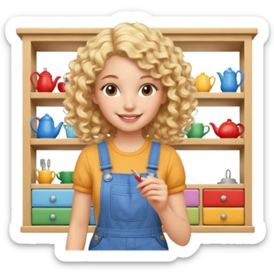 smiling blonde curly woman arranging furniture in doll house with overalls sticker