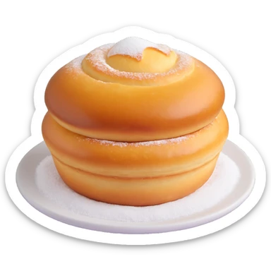 a single Berliner Krapfen pastry, round, golden-brown, no hole, smooth surface, heavily covered with powdered sugar, no jam visible on top, 3D emoji style sticker