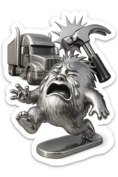 Add a comic-style impact effect where the hammer hits the abominable snowman, remove any blue color from the abominable snowman. Keep the side view, flattop semi with chrome stacks far behind, light and realistic style, no text. sticker