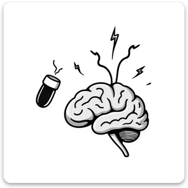 A magical amber capsule floating in front of a brain with fog lifting, showing electrical connections brightening one by one, creating clarity and focus. The brain becomes sharper and more defined. sticker