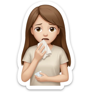 a pretty bratz fair girl crying in a loose oversized off white tshirt  with long brown hair with a tissue box sticker