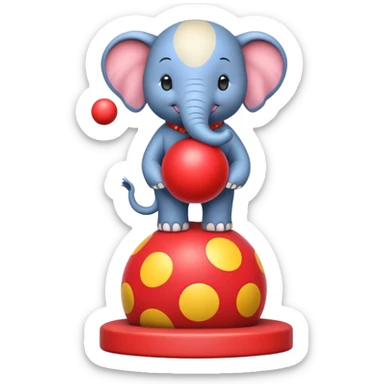 Create a cute emoji of a smiling cartoon elephant balancing a red patterned ball on its trunk while standing on a colorful circus platform. Use a simple, rounded emoji style with clean lines and bright colors. sticker