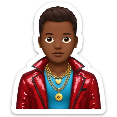 Bobby Brown from New Edition with dark brown hair, red sequin jacket, shirtless with necklace sticker