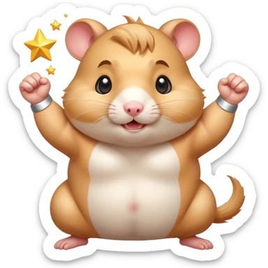 Cute chubby cartoon-style hamster flexing tiny arms like a bodybuilder, sparkles around it, triumphant expression. Painterly shading, white background, sticker-style illustration. sticker