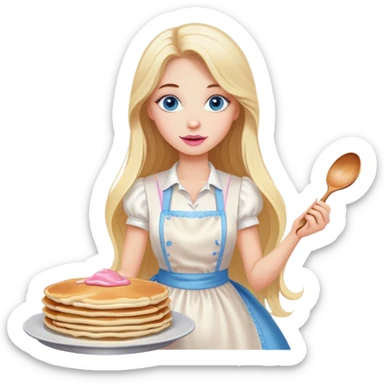 Cinematic realistic beautiful blonde with long hair, blue eyes and pink lips in a white dress cooks pancakes sticker