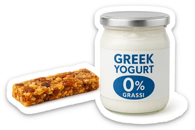 BARRETTA ENERGETICA E BARATTOLO DI YOGURT GRECO CON  LA SCRITTA "0% grassi" SULL'ETICHETTA  , ISOLATA SU SFONDO BIANCO sticker