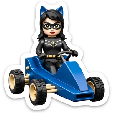 full size real-appearance road Lego racing sexy buxom CatWoman’s feminine midnight-colored tight outfit sixty’s tv show dark stealthy accurate sporty safe plush deluxe off-road pursuit drifting car jaguar (black hair,reclined and relaxed torso and shoulders back seating position) cross kart  sticker