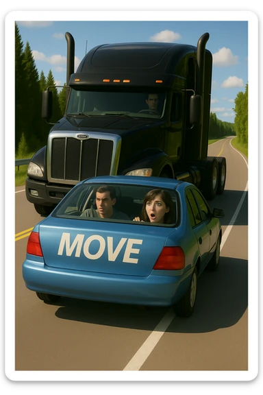 Make the entire scene brighter and more vibrant, keep the black semi truck without a trailer and a person in the car in front. sticker