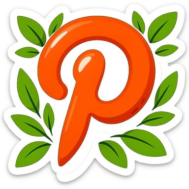 Super plump, smooth Pinterest logo, cartoon style, thick black outline, expressive shadows, glossy highlights, surrounded by bright leaves, no background. Emphasize rounded shapes, contours, and shine, matching the reference style. sticker