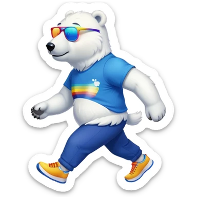 strong-looking friendly anthropomorphised polar bear walking with a confident stride, wearing a royal blue t-shirt, black pants, trainers, and colorful rainbow glasses sticker