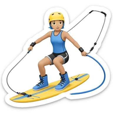 A person wakeboarding with one leg forward, the other bent for balance, leaning slightly back while holding a tow rope. Wearing a blue top, black shorts, gray boots, on a yellow board with small water splashes below. sticker