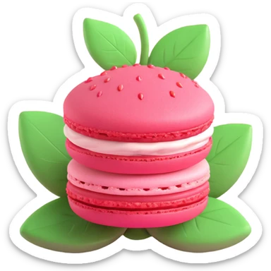 A strawberry macaron with a green leaf on top, in 3D iOS style, pastel pink and green colors, soft shadows, clean and minimalistic design sticker