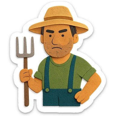 paper craft style illustration of a determined middle-aged farmer, sun-bleached face, black hair, stubble, green trousers, suspenders, green T-shirt, straw hat, holding pitchfork, warm golden-brown textured background, bold lines, vibrant earth tones, rural America sticker