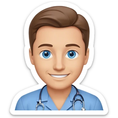 smiling doctor with blue eyes in blue shirt sticker