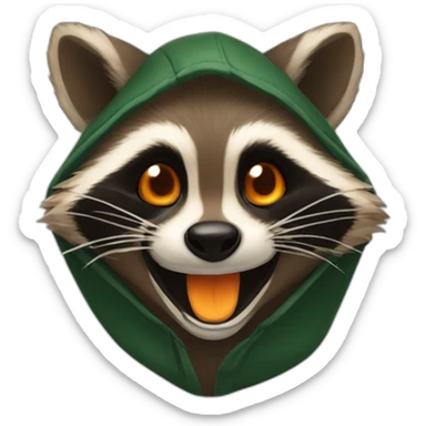 brown raccoon with orange eyes and a dark green hood that is laughing sticker