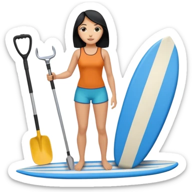 Surfer(woman) black hair holding her cell phone and long garden shovel with another hand. Under her feet, there is one blue surfing board. sticker