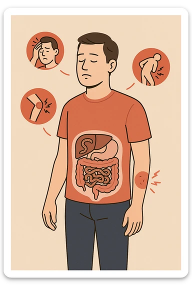 uomo che ignora i suoi un mal di testa, mal di schiena e dolore articolare e ignora ogni segnale e messaggio che il corpo manda per avvertirlo, ma alla fine dipendono tutto dai parassiti intestinali  sticker