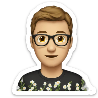 white guy short brown hair wearing glasses and dark t-shirt with flowers print sticker