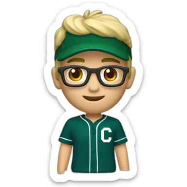 Blonde male short hair with glasses Dark green baseball uniform with hat Blue eyes and with "C" on the dark green hat. make the style slightly 3D with a diagonal angle. Crop from chest up sticker
