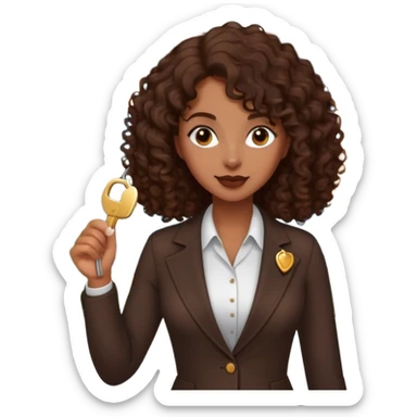 Dark brown lady with medium brown mid length curly hair in real estate job with house and keys sticker