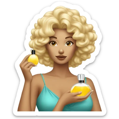 a blonde woman with big hair applying perfume sticker