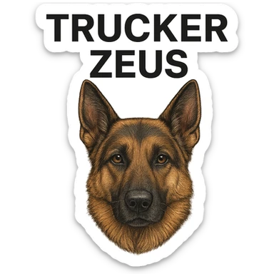 Make the German Shepherd dog more realistic, keep the words 'Trucker Zeus' over top, preserve the original style. Remove the background. The original style is a detailed illustration with text overlay. sticker