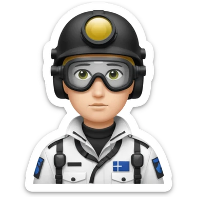 A Finnish modern soldier in a white snow uniform. with black night vision goggles sticker