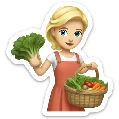 Girl with blonde hair and blue eyes a sleeveless dress carrying two baskets of vegetables and greens sticker