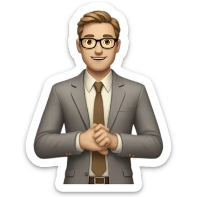 To belt Actively gesturing with hands 👌 Pale skinned fit man with dark brown hair in gray jacket, beige office shirt, brown tie, brown pants and vintage glasses. sticker