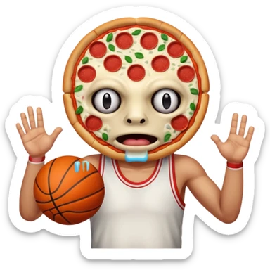 a glitch abomination with hands for a head, a baskeball stomach, pizza eyes sticker