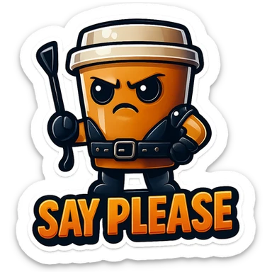 Tall coffee cup, dressed in leather holding a whipping crop, eyebrow furrowed, "big "Say Please" sticker