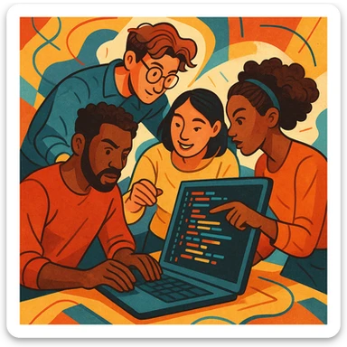team of diverse people working together on programming, unique and creative style, collaboration, dynamic composition sticker