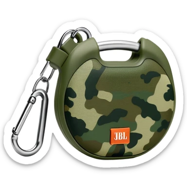 JBL Clip 4 bluetooth speaker with green camo pattern, minimalist iOS emoji style with carabiner clip sticker