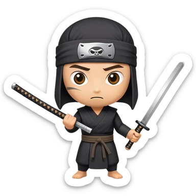 A takeout coffee cup with cartoon eyes, a ninja headband around its lid, and holding a katana in a battle stance sticker
