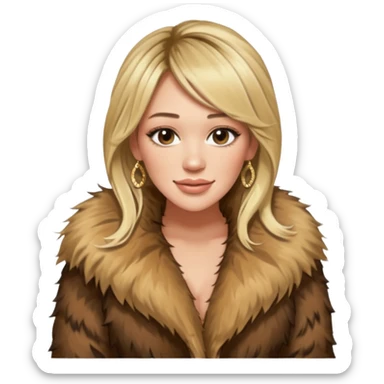 cinematic realistic ultra HD glamorous Hilary Duff extremely skinny in a shaggy fur coat with bronze glow sticker