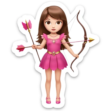 Hada de piel clara cupido pequeña  de cabello largo lacio castaño con flequillo y ojos cafés  vestida con algo sensual semitransparente corto color blanco o rojo con 1 arco y una sola flecha que combinen y labios rositas tipo Barbie pero en hada cupido de cuerpo completo de pies a cabeza   sticker