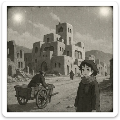 8mm film black and white, no color, light leaks. the image shows post-war reconstruction-era life in the z'rian commonwealth capital region, santa-fe neo-adobe futuristic architechture. arctic temperate region sticker