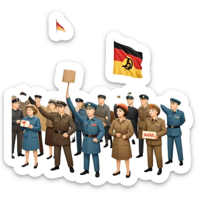 East German protest scene with people holding protest signs, DDR flag, Berlin Wall, subdued mood, 1950s sticker