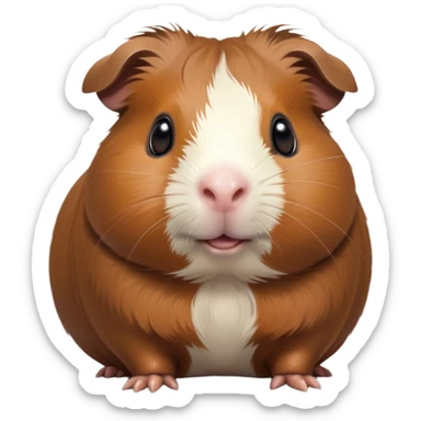 Cinematic Cute Brown Guinea Pig Portrait Emoji, Head tilted playfully and inquisitively, showcasing a velvety brown coat with a natural sheen, round, sparkling dark eyes filled with curiosity, Simplified yet irresistibly adorable features, highly detailed, glowing with a warm, friendly glow, high shine, affectionate and lively, stylized with a touch of whimsy, bright and endearing, soft glowing outline, capturing the essence of a mischievous yet loving guinea pig, so playful it feels like it could nuzzle out of the screen into your arms! sticker