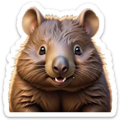 Cinematic Comical Wombat Portrait Emoji, Head tilted dramatically with an exaggeratedly amused expression, featuring a striking, glossy shaggy brown fur with bold textures and wide, expressive eyes filled with playful disbelief, Simplified yet hilariously expressive features, highly detailed, glowing with a slightly sassy glow, high shine, dramatic yet playful, stylized with an air of cheeky bush mischief, bright and endearing, soft glowing outline, capturing the essence of a spirited and over‐the‐top wombat, so meme‐worthy it feels like it could snort its way into internet fame instantly! sticker
