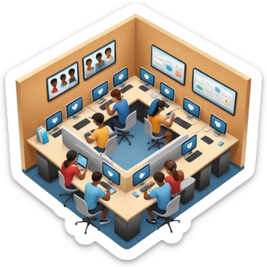 Birdseye view of large study space with students working separately add students wearing Vision Pro headsets sticker