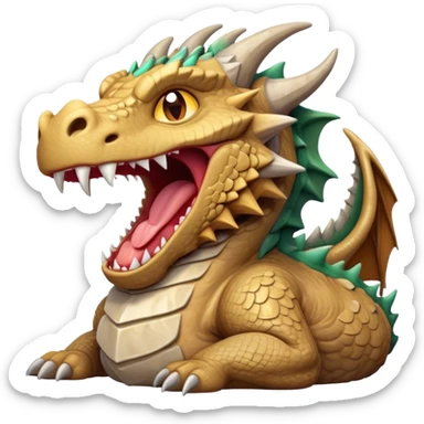 Cinematic Cute Yawning Giant Rock Dragon Portrait Emoji, Head tilted slightly with a dramatic, wide-open yawn, revealing a colossal, rugged body with weathered, rock-like scales and subtly drooping, earthy features rendered in authentic, stony texture; high shine, relaxed yet powerful, styled with a dash of timeless geological charm, soft glowing outline, capturing the essence of a sleepy but stoic rock behemoth ready to settle into an ancient, enduring slumber! sticker