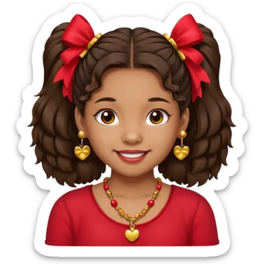 Brownskin girl dark brown hair fluffy. pigtails with red bows brown eyes smiling closed mouth red shirt gold esrrings gold necklace sticker