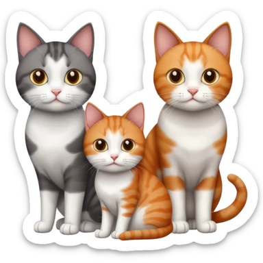 3 different coloured tiny short haired cats, including a dark grey and white cat, and a dark brown tabby and white and a ginger and white sticker
