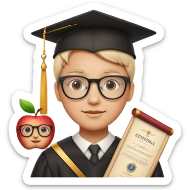 face with glasses and a diploma scroll, representing certified experience, classic apple emoji style sticker