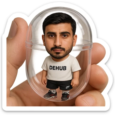 Create a highly detailed, all-glass gashapon capsule held between two fingers. Inside the capsule is a miniature chibi version of the person in the reference photo, with a photorealistic face matching the reference image, life-size chibi style. The chibi wears a white T-shirt with 'DEHUB', black 'Air Max' shorts, Air Max TN shoes, and white Nike socks. Emphasize the realism of the capsule and the collectible charm of the chibi figure inside, blending photorealism for the face and detailed chibi style for the figure and capsule. sticker